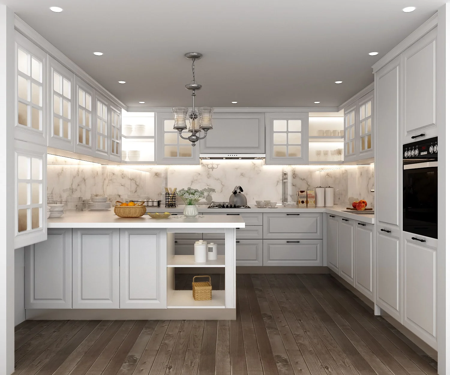 White traditional kitchen design with panelled shutters and an island